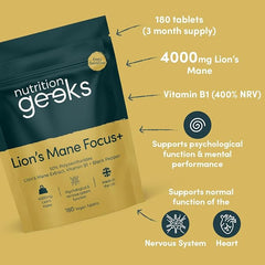 Nutrition Geeks-Lions Mane Supplement 4000mg with Vitamin B1 & Black Pepper, 180 Vegan Tablets - Lion's Mane Mushroom 15:1 Extract (Not Lions Mane Powder or Capsules), UK Made for Mental Performance & Nervous System