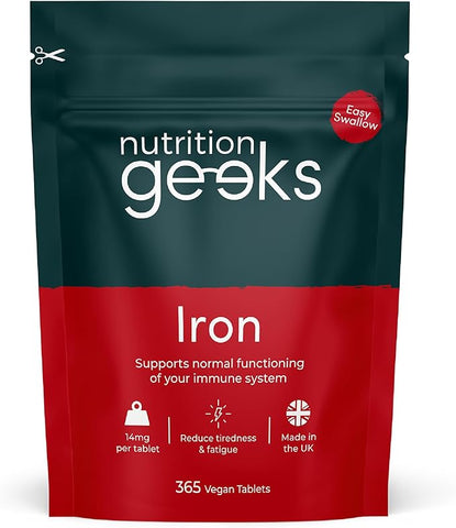 Nutrition Geeks-Iron Tablets High Strength 14mg - 365 Tablets, 12 Months Supply - Vegan Iron Supplements for Women and Men - Ferrous Fumarate Energy Tablets, Reduces Tiredness and Fatigue - UK Made Iron Vitamin