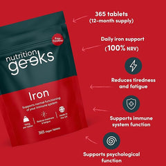 Nutrition Geeks-Iron Tablets High Strength 14mg - 365 Tablets, 12 Months Supply - Vegan Iron Supplements for Women and Men - Ferrous Fumarate Energy Tablets, Reduces Tiredness and Fatigue - UK Made Iron Vitamin