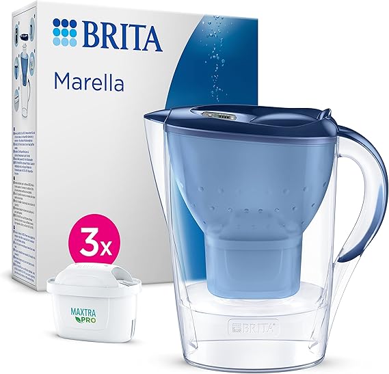 BRITA Marella Water Filter Jug Blue (2.4L) Starter Pack incl. 3x MAXTRA PRO All-in-1 cartridge - fridge-fitting jug with digital LTI and Flip-Lid - now in sustainable Smart Box packaging