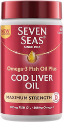 Seven Seas Cod Liver Oil Tablets, Maximum Strength, 885 mg Cod Liver Oil & Fish Oil, 308 mg Omega-3, 60 Capsules With Vitamin D, EPA & DHA