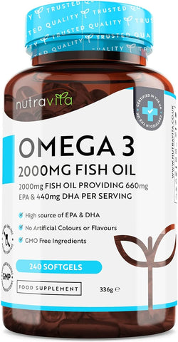 Omega 3 2000mg with 660mg EPA & 440mg DHA per Serving 240 Softgel Capsules of Sustainably Sourced Pure Omega 3 Fish Oil