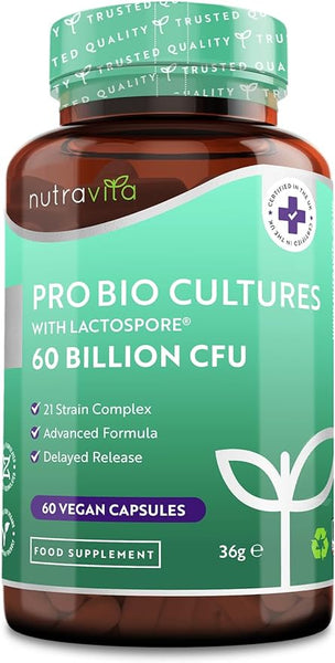 Nutravita 60 Billion CFU Probiotic Cultures Scientifically Backed Lactospore® for Good Gut Flora - Enteric Coating to Ensure Probiotics