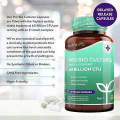 Nutravita 60 Billion CFU Probiotic Cultures Scientifically Backed Lactospore® for Good Gut Flora - Enteric Coating to Ensure Probiotics