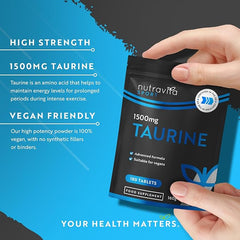 Nutravita Taurine Supplement 1500mg - 180 High Strength Taurine Tablets - Vegan Amino Acids Taurine Nutritional Supplements Powder Alternative Sports Supplement for Men & Women -