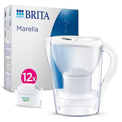 BRITA Marella Water Filter Jug White (2.4L) Annual Pack incl. 12x MAXTRA PRO All-in-1 cartridge - fridge-fitting jug with digital LTI and Flip-Lid - now in sustainable Smart Box packaging