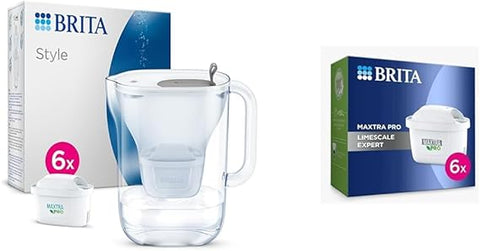 BRITA Style Water Filter Jug Blue (2.4L) Half Year Pack incl. 6x MAXTRA PRO All-in-1 cartridge & MAXTRA PRO Limescale Expert Water Filter Cartridge,Pack of 6 - Original BRITA refill