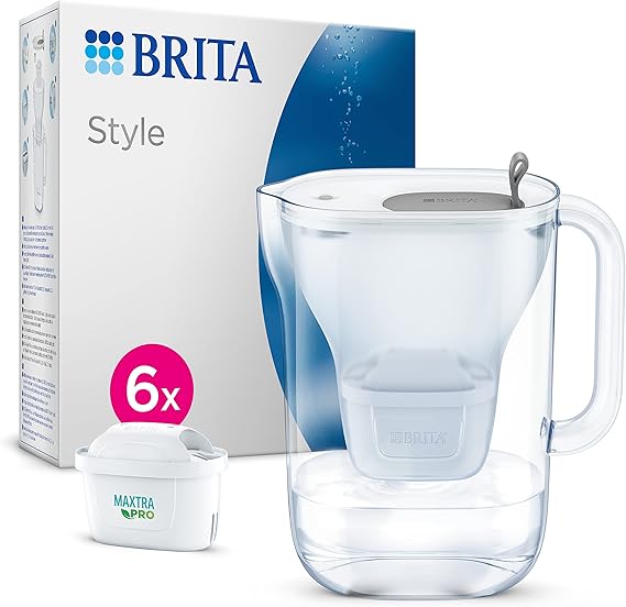 BRITA Style Water Filter Jug Blue (2.4L) Half Year Pack incl. 6x MAXTRA PRO All-in-1 cartridge - fridge-fitting design jug with smart LED-LTI and Flip-Lid - now in sustainable Smart Box packaging