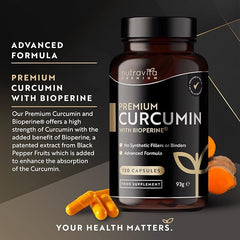 Nutravita Premium Curcumin 95% Curcuminoids with Bioperine® - 120 High Strength Vegan Capsules - Turmeric Curcumin and Bioperine