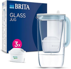 BRITA Glass Water Filter Jug Starter Pack-Light Blue (2.5L) incl. 3x MAXTRA PRO All-in-1 cartridge-Premium Glass Design jug with easy-filling Flip-Lid and Indicator- in sustainable Smart Box packaging