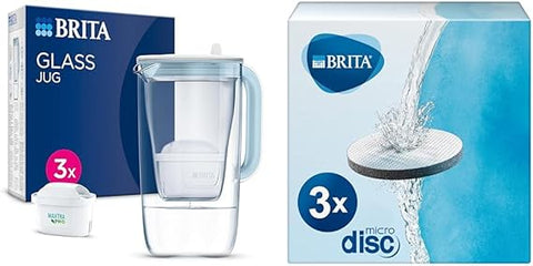 BRITA Glass Water Filter Jug Starter Pack-Light Blue (2.5 Litre) & MicroDisc replacement filter discs for Fill&Go and Filter Bottles, reduce chlorine, microparticles and other impurities - 3 pack