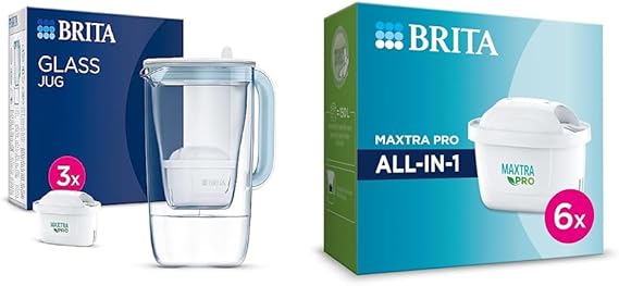 BRITA Glass Water Filter Jug Light Blue Starter Pack incl.3x MAXTRA PRO All-in-1 cartridge-Premium Glass Design jug & MAXTRA PRO All-in-1 Water Filter Cartridge 6 Pack