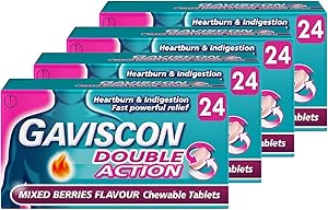 Gaviscon Double Action Heartburn and Indigestion Tablets, Mixed Berries Flavour, MultiPack of 4 x 24 Tablets, Total 96 Tablets