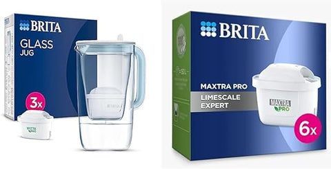 BRITA Glass Water Filter Jug Light Blue Starter Pack incl.3x MAXTRA PRO All-in-1 cartridge-Premium Glass Design jug & MAXTRA PRO Limescale Expert Water Filter Cartridge 6 Pack