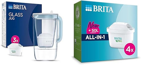 BRITA Glass Water Filter Jug Light Blue (2.5L) Starter Pack incl.3x MAXTRA PRO All-in-1 cartridge & MAXTRA PRO Limescale Expert Water Filter Cartridge 3 Pack (NEW) - Original BRITA refill