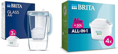 BRITA Glass Water Filter Jug Light Blue Starter Pack incl.3x MAXTRA PRO All-in-1 cartridge-Premium Glass Design jug with easy-filling Flip-Lid & MAXTRA PRO All-in-1 Water Filter Cartridge 4 Pack