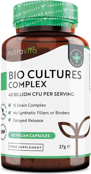 Nutravita Super Strength 40 Billion CFU Bio Cultures Complex with 15 Live Strains – Advanced Multi Strain Formula – Vegan Capsules – Digestive Enzyme Supplement for Men & Women