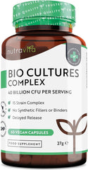 Nutravita Super Strength 40 Billion CFU Bio Cultures Complex with 15 Live Strains – Advanced Multi Strain Formula – Vegan Capsules – Digestive Enzyme Supplement for Men & Women