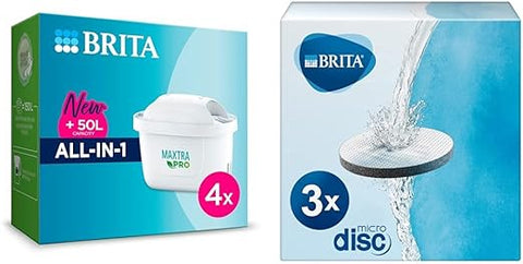 BRITA MAXTRA PRO All in One Water Filter Cartridge 4 Pack - Original BRITA Refill red & MicroDisc Replacement Filter Discs for Fill&Go and Filter Bottles, Reduce Chlorine, microparticles and Other