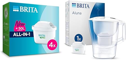 BRITA MAXTRA PRO All-in-1 Water Filter Cartridge 4 Pack (New) - Original BRITA Refill reducing & Aluna Water Filter Jug White (2.4L) incl. 1x MAXTRA PRO All-in-1 Cartridge - Fridge-Fitting