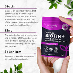 Nutravita Biotin Hair Growth Supplement 10,000mcg - Scientifically Proven to Maintain Normal Hair Skin & Nails - 180 High Strength Vegan Tablets with Zinc & Selenium - Biotin Vitamins for Women & Men