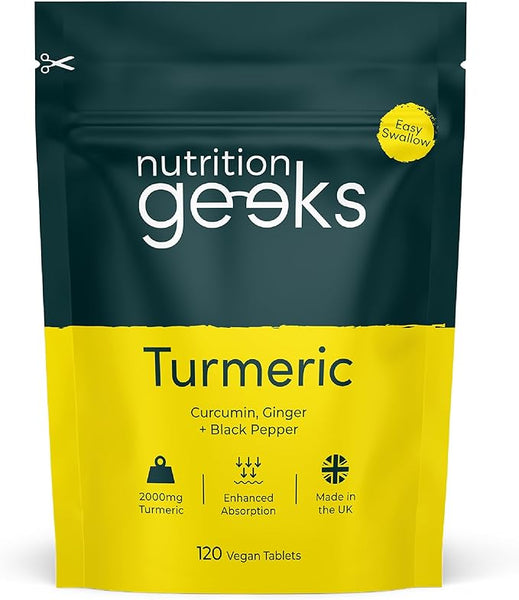 Nutrition Geeks- Turmeric Tablets 2000 mg with Black Pepper & Ginger, High Strength Curcumin Supplements, Vegan and Gluten Free, UK Made, 120 Count