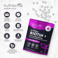 Nutravita Biotin Hair Growth Supplement 10,000mcg - Scientifically Proven to Maintain Normal Hair Skin & Nails - 180 High Strength Vegan Tablets with Zinc & Selenium - Biotin Vitamins for Women & Men