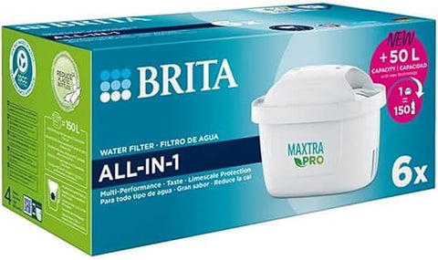 BRITA MAXTRA PRO All in One Water Filter Cartridge 6 Pack - Original BRITA Refill reducing impurities, Chlorine, pesticides and limescale for tap Water with Better Taste