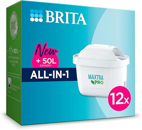 BRITA MAXTRA PRO All in One Water Filter Cartridge 12 Pack - Original BRITA Refill reducing impurities, Chlorine, pesticides and limescale for tap Water with Better Taste