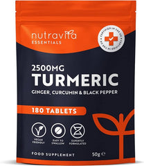 Nutravita Turmeric Tablets 2500mg with Black Pepper & Ginger - 180 High Strength Tumeric Supplements (3 Month Supply) - Vegan & Gluten Free - Alternative to Capsules