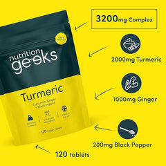 Nutrition Geeks- Turmeric Tablets 2000 mg with Black Pepper & Ginger, High Strength Curcumin Supplements, Vegan and Gluten Free, UK Made, 120 Count