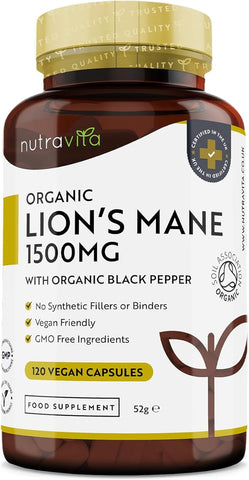 Nutravita Organic Lions Mane Mushroom 1500mg - 120 High Strength Vegan Capsules (Not Powder) Lions Mane Supplement with Organic Black Pepper