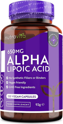 Nutravita Alpha Lipoic Acid 650mg – 120 High Strength ALA Vegan Friendly Capsules – 4 Month Supply – Alpha-Lipoic Acid