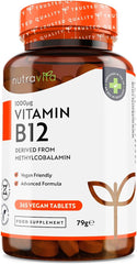 Nutravita Vitamin B12 1000mcg - 365 High Strength Vegan Tablets (1 Year Supply) - Max Strength B12 Supplement - Contributes to The Reduction of Tiredness and Fatigue