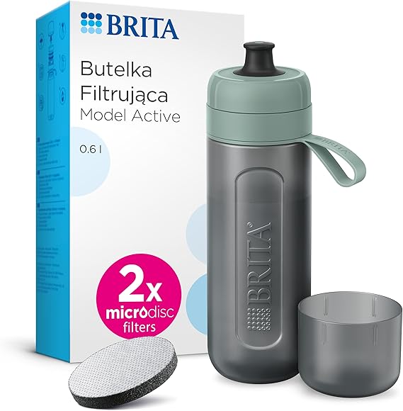 BRITA Sports Water Filter Bottle Model Active Dark Green (600ml) - squeezable BPA-free on-the-go bottle, filters chlorine, organic impurities, hormones & pesticides and preserves key minerals