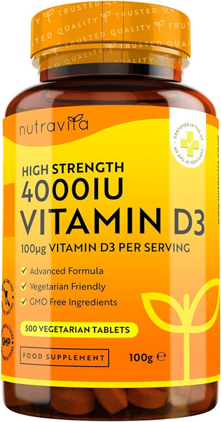 Nutravita Vitamin D3 4000 IU - 500 Micro Tablets - Max Strength - 16 Month Supply - Hight Strength Vegetarian VIT D3 - Vitamin D3 Supports Your Immune System & Bone Health