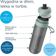 BRITA Sports Water Filter Bottle Model Active Dark Green (600ml) - squeezable BPA-free on-the-go bottle, filters chlorine, organic impurities, hormones & pesticides and preserves key minerals