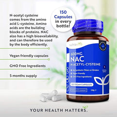 Nutravita NAC N-Acetyl-Cysteine 600mg – 150 Vegan Capsules – 5 Months Supply of NAC Supplement – High Bioavailability and No Fillers or Binders - N Acetyl Cysteine Amino Acid