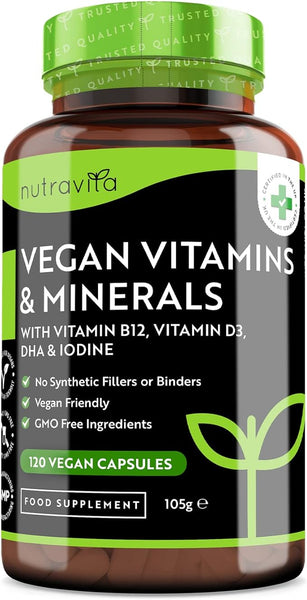 Nutravita Vegan Multivitamins & Minerals - Essential Mix to Support a Vegan Diet - 4 Month Supply of High Strength Vitamin B12, Vitamin D3, DHA, Iodine, Iron & Zinc