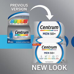 Centrum Men 50+ Multivitamin Tablets for Men, Vitamins with 23 Essential Nutrients, including Vitamin C, D and Zinc, 30 ct (Packaging and Tablet colour may vary slightly)