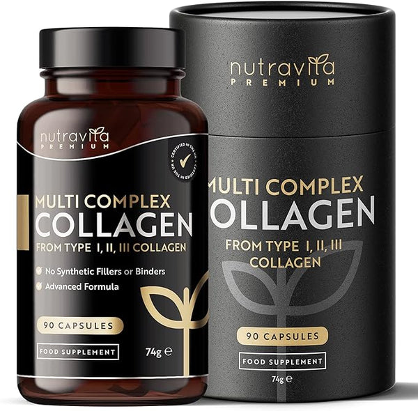 Nutravita Premium Multi Collagen Protein Capsules with Type I, II, III - Includes Hydrolysed Grass Fed Bovine Collagen, Marine Collagen, Hyaluronic Acid, Turmeric - 90 Capsules