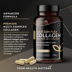 Nutravita Premium Multi Collagen Protein Capsules with Type I, II, III - Includes Hydrolysed Grass Fed Bovine Collagen, Marine Collagen, Hyaluronic Acid, Turmeric - 90 Capsules