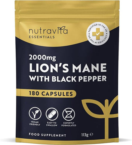 Nutravita Lions Mane Mushroom Extract Supplement 2000mg - 180 High Strength Vegan Capsules with Black Pepper - (Not Lionsmane Tablets or Powder)