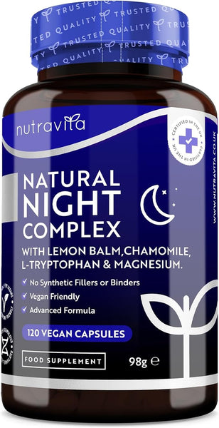 Natural Night Complex – with Lemon Balm, Chamomile, Magnesium, Vitamin B12 – Natural Alternative to Melatonin –120 Vegan Capsules – 4 Month Supply