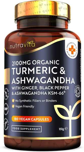 Nutravita Turmeric & Ashwagandha KSM-66 ® - 180 High Strength Capsules with Ginger & Black Pepper - Organic Tumeric & Ashwagandha Supplement - Vegan & Gluten Free