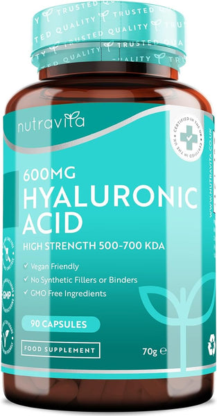 Nutravita Hyaluronic Acid Capsules - 3 Month Supply of 600mg Hyaluronic Acid Capsules - High Dose with 500-700 KDA - GMO Free with No Synthetic Fillers or Binders