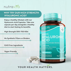 Nutravita Hyaluronic Acid Capsules - 3 Month Supply of 600mg Hyaluronic Acid Capsules - High Dose with 500-700 KDA - GMO Free with No Synthetic Fillers or Binders