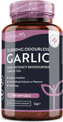 Nutravita Premium Garlic Capsules - Odourless High Strength 15,000mg - 180 Soft Gel Capsules of Deodourised Cold Pressed Garlic Oil from Allium Sativum – 6 Month Supply