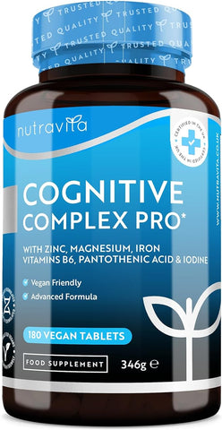 Nutravita Super Strength Cognitive Complex Pro - Nootropics Supplement for Mental Performance & Cognitive Health - Enriched with Zinc, Iron, Magnesium, Pantothenic Acid, Vitamin B6, Iodine - 180 Vegan Tablets