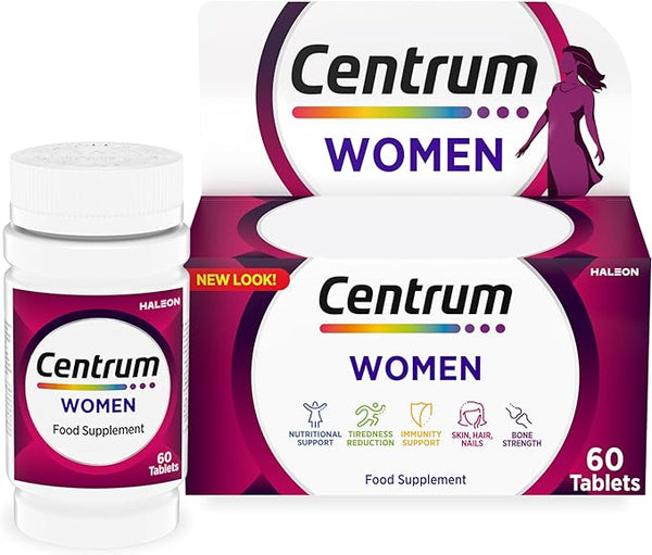 Centrum Women Multivitamin Tablets for Women, Vitamins with 23 Essential Nutrients, including Vitamin C, D, and Iron, 60 ct (Packaging and Tablet colour may vary slightly)